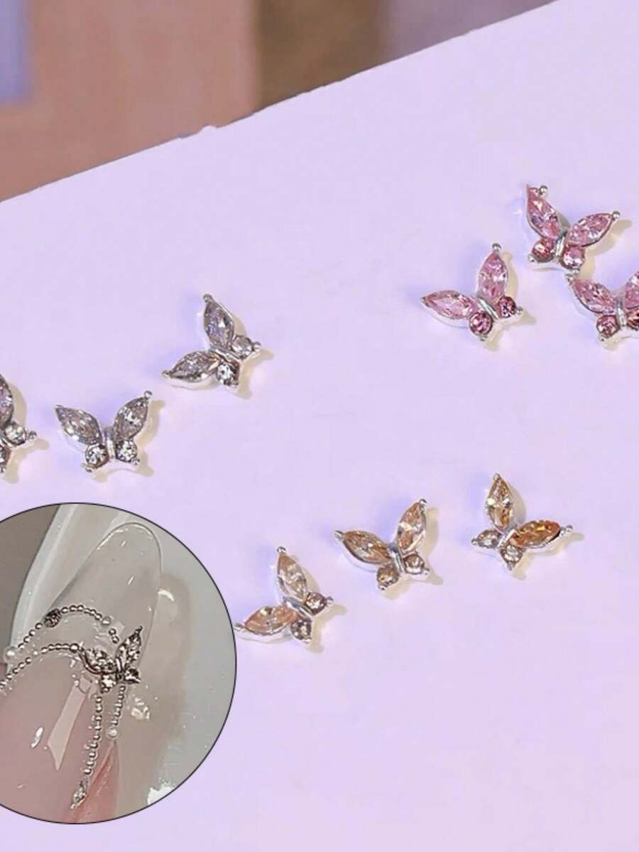 10/20 Pcs Mini Metal Butterfly Nail Charms, 3D Shiny Pink Champagne White Crystal Rhinestone Gems, Luxury DIY Decor For Acrylic & Short Nails, Jewelry Making Supplies - Multicolor - View 1