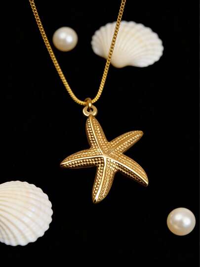 1件18K镀金不锈钢海洋沙滩风格海星吊坠项链，沙滩度假风颈链，夏季时尚蛇骨链饰品