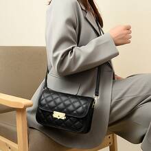 Bolso de cuero para mujer, modelo nuevo 2025, bolso bandolera, bolso cuadrado pequeño con patrón de diamantes, popular bolso de cuero genuino para mujer. - Negro - Ver 3