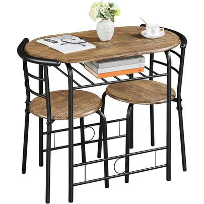 3 Piece Modern Dining Table Set, Kitchen Table And Chairs Set For 2, Breakfast Nook Table Set With Steel Legs And Storage Rack, 90x53x75.5 Cm