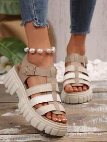 Women's Woven Hollow-Out Platform Wedge Casual Minimalist Retro Roman Style Sandals - Apricot - View 7