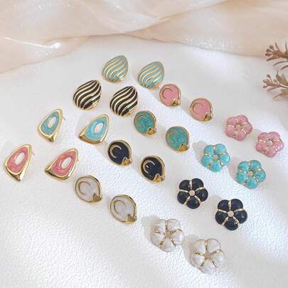 6对装女士耳环，不对称几何设计耳钉套装，花朵耳环，金色耳环套装，夏季女士首饰，彩色金色耳环，高端百搭新款油滴耳钉，不锈钢女士首饰，优雅女士礼物，节日配饰，假日配饰，绿色耳环，红色耳环，黑色耳环，母亲节复活节礼物，日常佩戴，婚礼派对夸张耳环，女士个性耳环