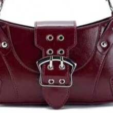 Motorcycle-Style Shoulder Bag With Studs, A Retro Bag For Stylish Girls With A Super Modern Metal Buckle. - Burgundy - View 2
