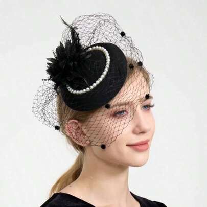 1pc Vintage White Veil Mini Hat, Bridal Party Wedding Photography Headpiece