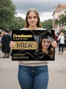 1 pieza Telón de fondo de graduación personalizado de tela, póster impreso con tema negro y dorado, pancarta de graduación con nombre de clase personalizable, fondo de fibra de poliéster, letrero de jardín de graduación dorado brillante, decoraciones para fiesta de graduación - Multicolor - Ver 7