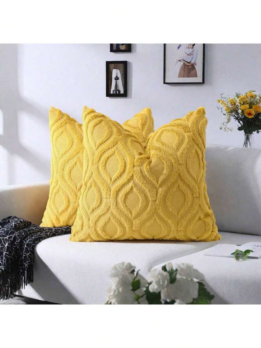 1 pieza Funda de cojín decorativa con bordado de patrón geométrico estilo marroquí, de felpa suave y lana sintética, adecuada para primavera y otoño, para el hogar, sofá, dormitorio y silla - Amarillo - Ver 1