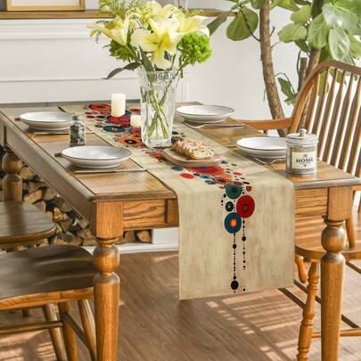 1pc Pop Art Geometric Floral Table Runner, Retro Contrast Color Round Tablecloth, Linen Texture Home Decor Table Runner, Suitable For Artistic Decor In Personalized Living Room