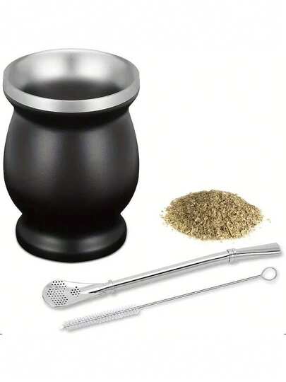 Meoky طقم أكواب يربا ماتي من الفولاذ المقاوم للصدأ بجدار مزدوج سعة 8 أونصات مع ماصة بومبيلا وفرشاة، كوب شاي ماتي معزول بتفريغ الهواء للاستخدام في المنزل والمكتب والسفر والشرب في الهواء الطلق