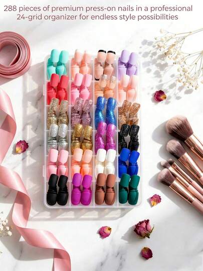 1盒美甲贴片，24种颜色，共288片，短方形哑光亮面，闪光短圆形。自然贴合，轻盈舒适，适合美甲艺术。