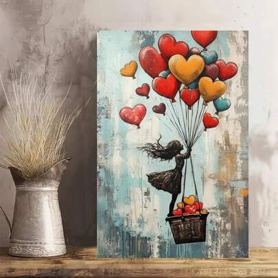 Love Lifts Heart Balloon Vintage Rustic Canvas Wall Art - Unframed Poster- Idea Gift For Home & Office Decor For Living Room, Bedroom, Kitchen & Cafe