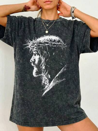 Áo thun nữ mùa hè in họa tiết, màu trơn, kiểu dáng đơn giản, cổ điển, tay ngắn, cổ tròn, chất liệu cotton, màu đen.