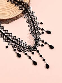 1pc Gothic Retro Dark Water Drop Tassel Choker Necklace, Bohemian Lace Collar Necklace Suitable For Women's Daily, Banquet, Dance Party, Festival Gift - Necklace - View 4