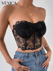 Vexica 女士性感黑色 3D 花朵蕾丝拼接钢骨束身吊带背心，细肩带胸衣上衣，适合派对、夜生活、日常休闲和婚礼季穿着 - 黑色 - 查看 10