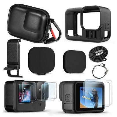 Silicone Protective Case For Hero 13 Black, Water Resistant, Black, Camera Case With Screen Protectors, Lens Caps, Lanyard & Carrying Case Silicone Shell X1;Display Protecti/On Film On The Back Of Hardened Glass X2;Hardened Glass Windscreen Protection X2;Silicone Lens Cap X1;Replace Battery Side Door X1;Black PU Mini Carrying Case X1;Mountaineering Buckle X1.