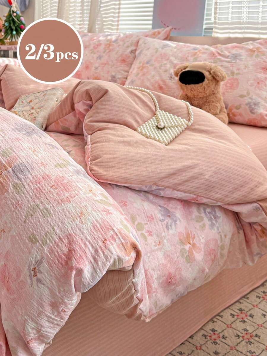 2/3pcs Pink Flower Printing, Super Soft, Student Sushe,Sweet And Lovely Girl, Student, Washed And Sanded Quilt Cover Pillowcase Set In Spring And Summer Twin Queen King - Watermelon Pink - View 1
