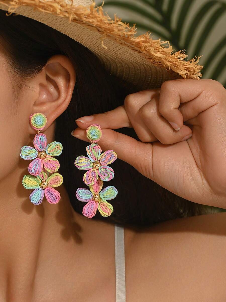 OOQ 1 Pair Handmade Bohemian Gradient Color Raffia Flower Earrings, Summer Niche Design Minimalist High-End Floral Tassel Earrings, Suitable For Women's Daily, Vacation, Party Wear - Mixed Color - View 1