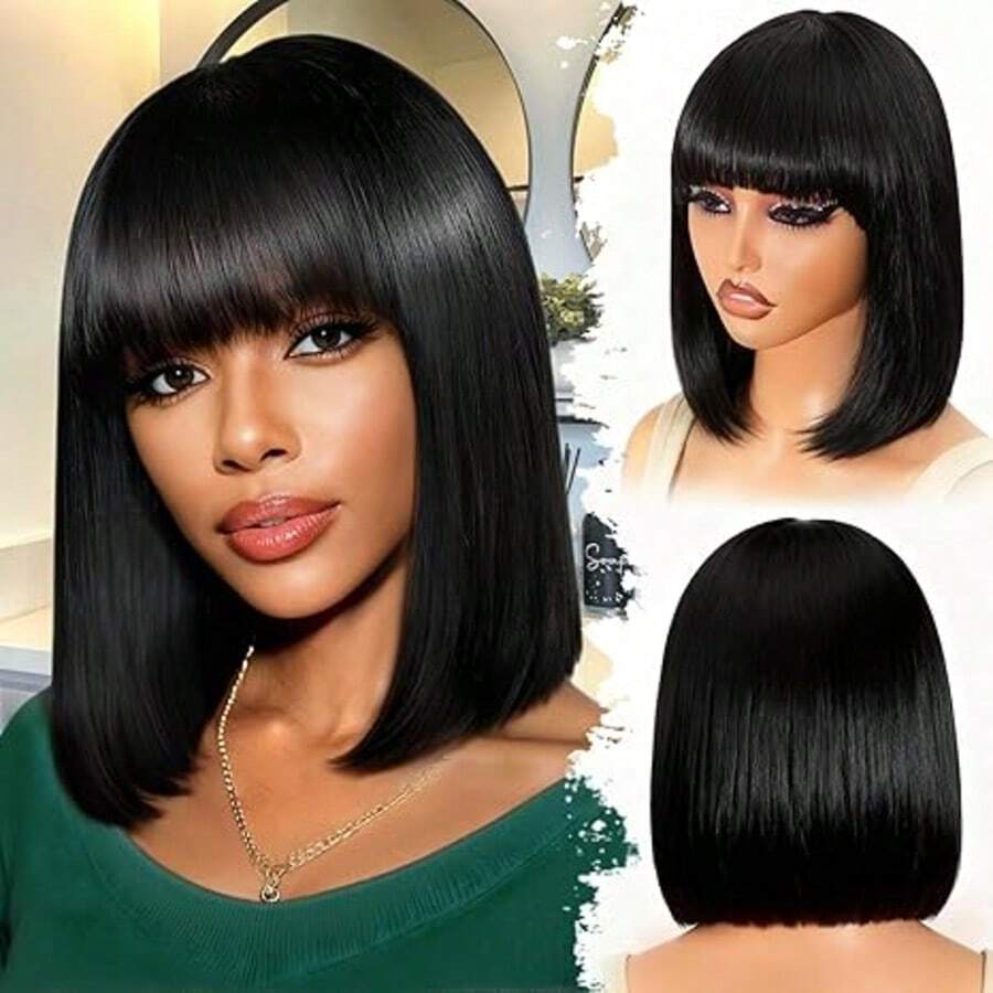 Parrucche corte in capelli umani con frangia, senza pizzo frontale, parrucche brasiliane lisce, realizzate a macchina, per donne, densità 180%, colore naturale.