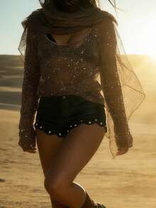Women's Sequin Tops Crew Neck Long Sleeve Fashion Crochet Hollow Out Beachwear Cover Up - Marrón - Ver 4