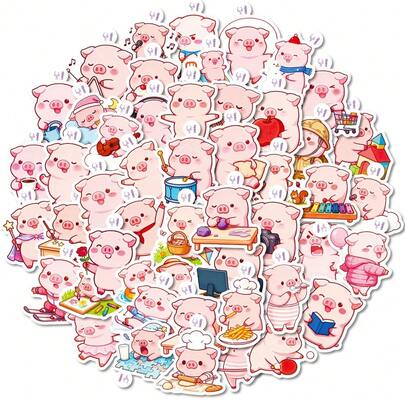 50张可爱小粉猪卡通涂鸦贴纸，可用于吉他、滑板、水瓶、滑雪板、笔记本电脑、电脑、手机壳、冰箱、门、行李箱、手提包等材质的艺术装饰贴纸