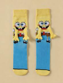 SpongeBob SquarePants 1/2/4双装可爱卡通手牵手磁性情侣袜，适合情侣和闺蜜的同款袜子，韩版 - 彩色 - 查看 8
