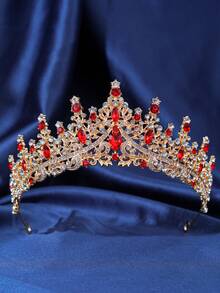 4pcs Crown Headpiece Set, Elegant & Luxurious Rhinestone Queen Crown Necklace Earrings Bridal Wedding Accessories - Red - View 4