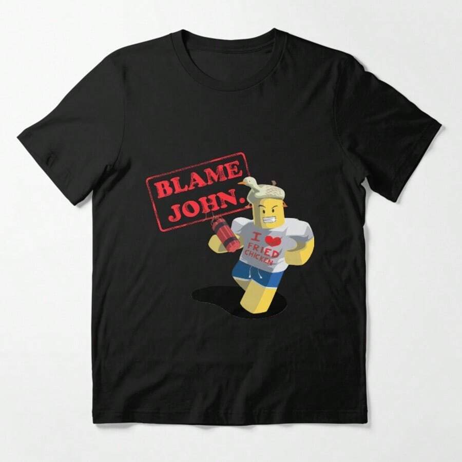 Blame John Funny Meme Robloxs Essential T-Shirt 2026 New Style Short Sleeve Classic Tee Soft Cotton Casual Top Streetwear Gift For Teens Men Women - Black - View 1