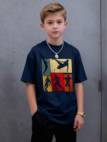 男童休闲印花圆领短袖T恤，夏季上衣 - 藏蓝色 - 查看 8