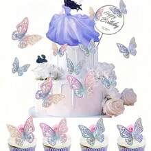12片/套 3D镂空蝴蝶墙贴，蛋糕装饰，婚礼装饰，家居客厅装饰礼品，生日毕业家居墙面装饰浴室卧室房间装饰用品家居装饰 - 幻彩白 - 查看 4