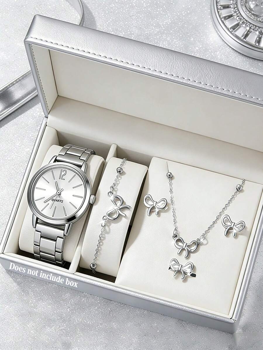 Sparkling Party Compact Quartz Watch & Bow Tie Bracelet Necklace Ring Earrings Jewelry Set, Petite Round Case Design, Suitable As Daily, Party, Prom, Back To School Elegant Gift, Birthday Gift - Silver - View 1