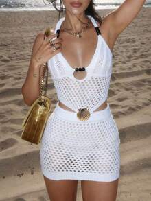 Summer New Women's Y2K Bohemian Style White Hollow Lightweight Knit 2-Piece Set, Fitted Sexy Backless Deep V-Neck Camisole Top Paired With Low-Waist Bodycon Mini Skirt, Fashionable Casual Outfit Suitable For Beach Vacation, Outing, Beach Party, Street Style, Swimming Pool, Music Festival - White - View 2