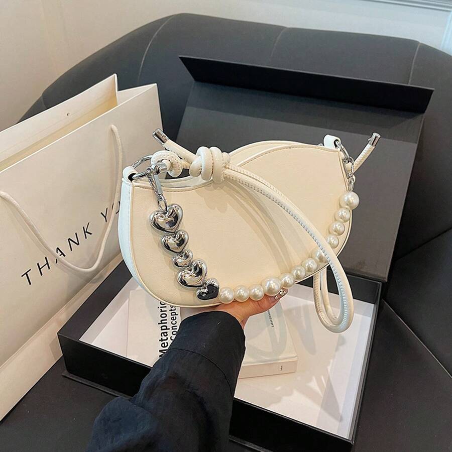 Bolso de mujer de diseño único y exquisito, modelo nuevo 2024, bolso de hombro con cadena de perlas, moderno, de un solo hombro, bandolera, pequeño y cuadrado. - Blanco - Ver 1