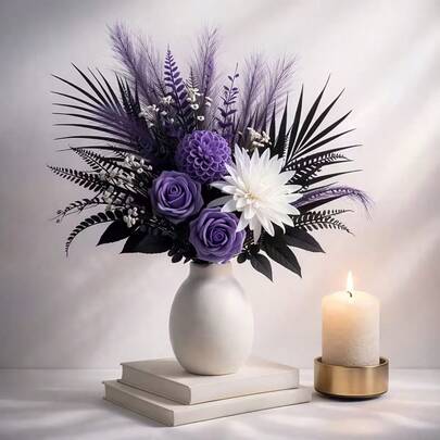 1 Bouquet Containing Night Purple Rose, Jade White Chrysanthemum, Smoky Purple Velvet Grass, Ink Black Long Leaf, Delicate Star Flower Branches, Dark Patterned Leaf Branches, Overall Purple-Black-White Cool-Toned Design With Rich Layers And Natural Aesthetics