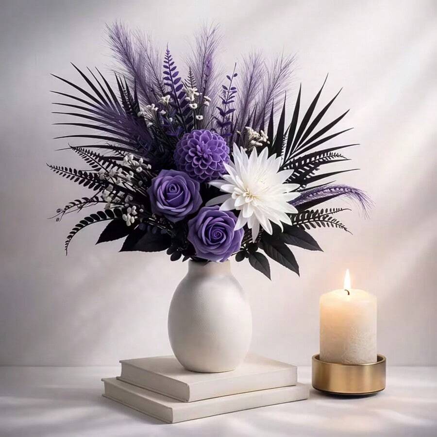 1 Bouquet Containing Night Purple Rose, Jade White Chrysanthemum, Smoky Purple Velvet Grass, Ink Black Long Leaf, Delicate Star Flower Branches, Dark Patterned Leaf Branches, Overall Purple-Black-White Cool-Toned Design With Rich Layers And Natural Aesthetics - Purple - View 1