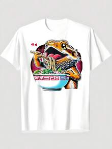 Camiseta Anime Crested Lion Lizard Ramen - Estampado de lobo leonado con cresta de anime y tazón de ramen, camiseta unisex casual de cuello redondo, tallas S-XXXL, negra - Un regalo divertido para Navidad, Halloween, entusiastas de las caminatas y fans, adecuada para todas las estaciones (100% algodón). - Negro - Ver 9