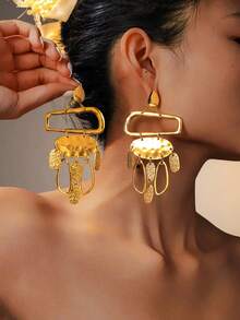 2只几何镂空流苏椭圆形锤纹金属金色耳环，适合派对、晚宴、日常穿搭搭配 - 金色 - 查看 1