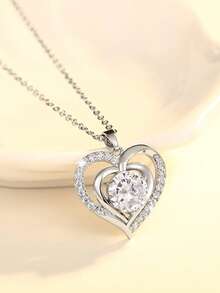 1pc Women's Romantic Cubic Zirconia Heart Pendant Necklace Valentine's Day Gift Wedding Jewelry - Silver - View 7