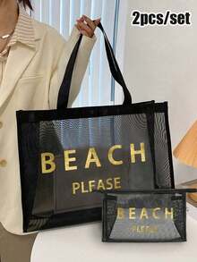 大容量网眼沙滩包套装，“BEACH PLESE”图案网眼袋，金色亮片字母，化妆包，镂空网眼沙滩手提包，网眼化妆收纳袋，可折叠大容量游泳包，字母装饰网眼沙滩手提包 - 彩色 - 查看 15