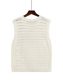 女士镂空条纹针织无袖背心，修身款 - 乳白色 - 查看 4