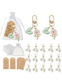 15pcs Pink Chrysanthemum Heart Keychain Gift Set - Includes 5 Keychain Pendants, 5 Thank-You Cards, And 5 Tulle Bags. The Zinc Alloy Keychains Are Decorated With Green Hearts And Pink Flowers, And Can Be Used As Bag Charms Or Headphone Charms. Perfect For Wedding Gifts, Travel Souvenirs, Graduation Party Gifts, Birthday Gifts, Housewarming Gifts, And Mother's Day Gifts. - 均碼 - 查看 1