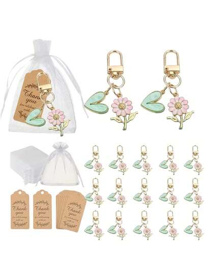 Conjunto de chaveiros em formato de coração com crisântemo rosa (30 peças/15 peças) - Inclui 10 chaveiros com pingente (10 peças/5 peças), 10 cartões de agradecimento (10 peças/5 peças) e 10 saquinhos de organza (10 peças/5 peças). Chaveiro de liga de zinco decorado com coração verde e flor rosa, pode ser usado como enfeite para bolsa ou fone de ouvido. Ideal para presente de casamento, lembrança de viagem, formatura, aniversário, inauguração de casa e Dia das Mães.