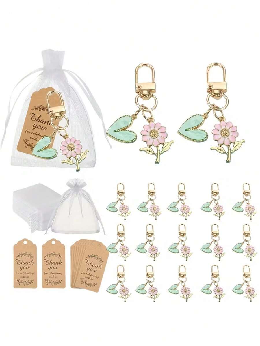 15pcs Pink Chrysanthemum Heart Keychain Gift Set - Includes 5 Keychain Pendants, 5 Thank-You Cards, And 5 Tulle Bags. The Zinc Alloy Keychains Are Decorated With Green Hearts And Pink Flowers, And Can Be Used As Bag Charms Or Headphone Charms. Perfect For Wedding Gifts, Travel Souvenirs, Graduation Party Gifts, Birthday Gifts, Housewarming Gifts, And Mother's Day Gifts. - 均碼 - 查看 1