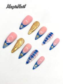 10 Pieces Of Pure Handmade Pressed Wearing Nail, 33mm Length Thin High Heel Nail, Pink Nail, Blue Nail, Gold Nail, Blue And White Spots, Golden Sunlight Pattern, Cute Pointed Nail. - Multicolor - View 3