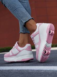 Campus Student Girls Detachable Wheeled Shoes, Low-Top Lace-Up Roller Shoes, Lightweight, Durable And Non-Slip, Suitable For Outdoor Activities - Pink - View 3