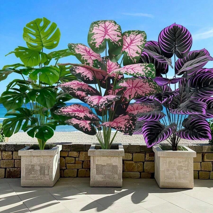 3件套大型逼真仿真植物，包括优雅的紫色植物、龟背竹和粉色植物，适用于家居、花园、阳台、窗台、庭院花盆和婚礼装饰 | 常绿仿真植物，无需维护的户外绿植，非常适合后院景观、办公室、家居装饰和园艺（不含花盆） - 彩色 - 查看 1