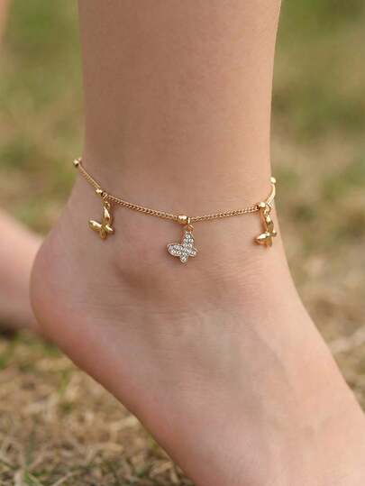 1pc Exquisite Fashion Cubic Zirconia Decor Butterfly Charm Beads Chain Anklet For Girls Sweet Travel Vacation Beach Party Jewelry For Kids Birthday Gift