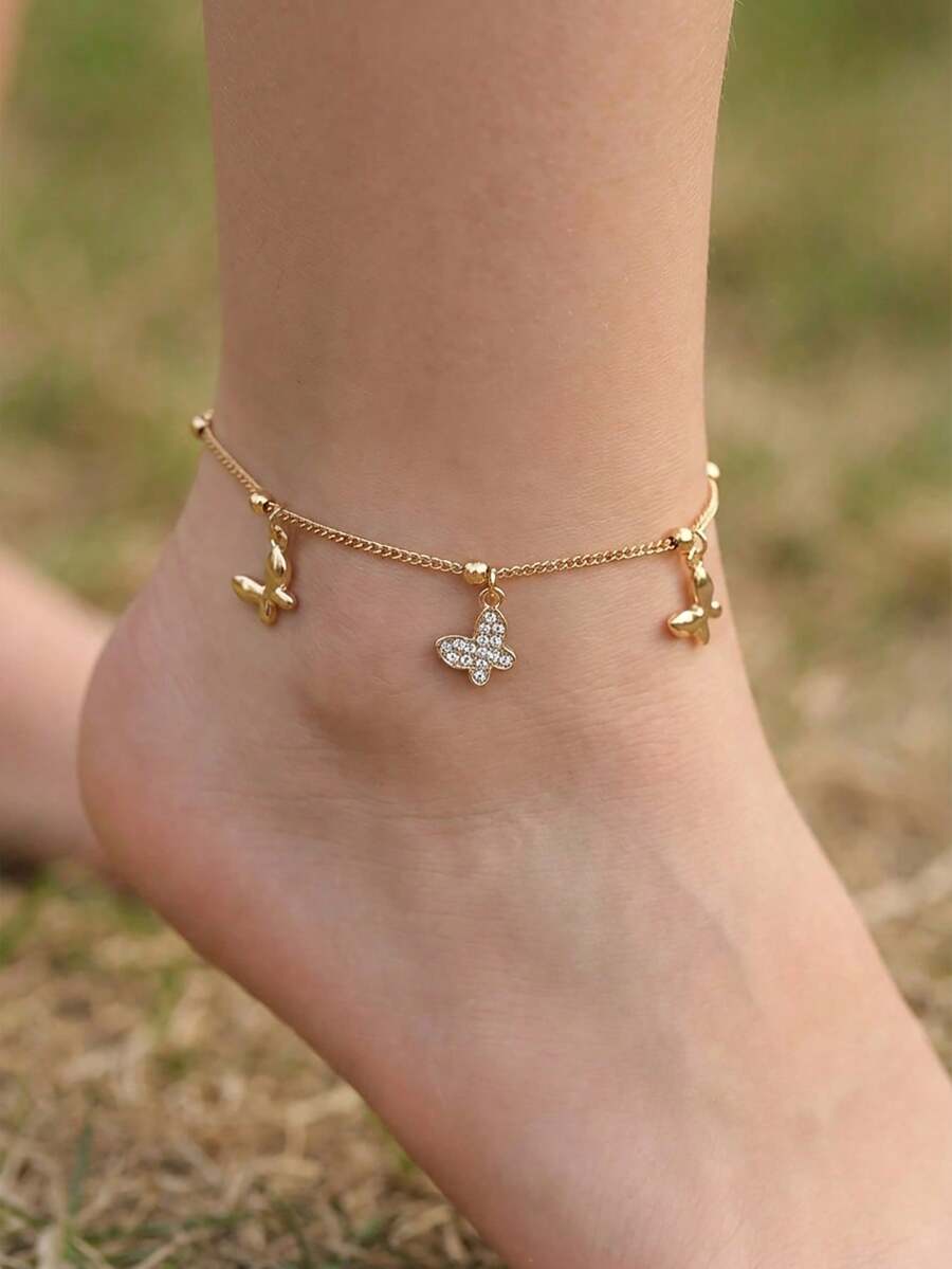 1件优雅立方氧化锆蝴蝶吊坠脚链，适合女孩甜美旅行、海滩派对、儿童生日礼物 - 均碼 - 查看 1