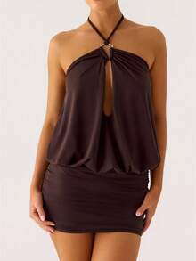 2026 Women Mini Dress Sleeveless Halter Backless Ruched Date Night Layered A Line Bodycon Cocktail Dresses Outfits - Coffee - View 1