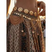 2pcs Vintage Boho Style Daisy Petal & Flower Design With Multi-Layer Coin Belly Chain, Sexy Arabian Tassel Waist Chain, Suitable For Beach, Holiday, Party Wear, Halloween, Campus Autumn, Autumn - Vàng 2 miếng - Xem 7