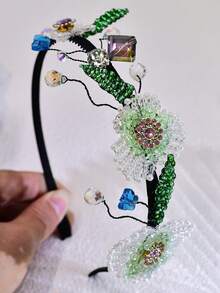 1 Stück Blumen Haarband, frisch mit Kunstkristall-Perlen, Fairy Haarschmuck, Braut Kopfbedeckung, Hochzeit Party Veranstaltung Fotografie Casual Täglicher Gebrauch Haaraccessoire für Frauen, Frühling/Sommer Reise Accessoires - Grün - Übersicht 10