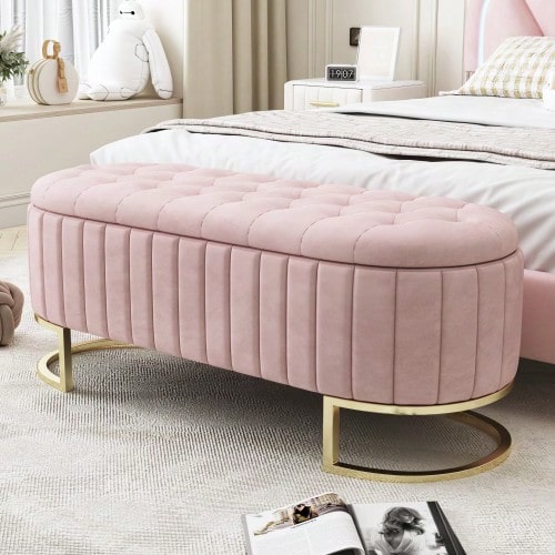 Storage Cover And Footrest 120 X 40 Cm, Padded Footrest With Storage Space, Bench, Pink Velvet Fabric - 粉色 - 查看 1